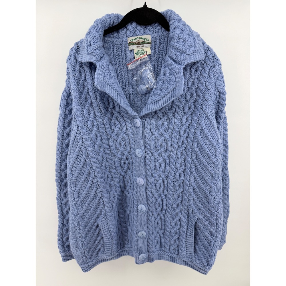 Aran Crafts Ireland Mens Blue 100% Merino Wool Cable Knit Cardigan Sweater L - Picture 2 of 4